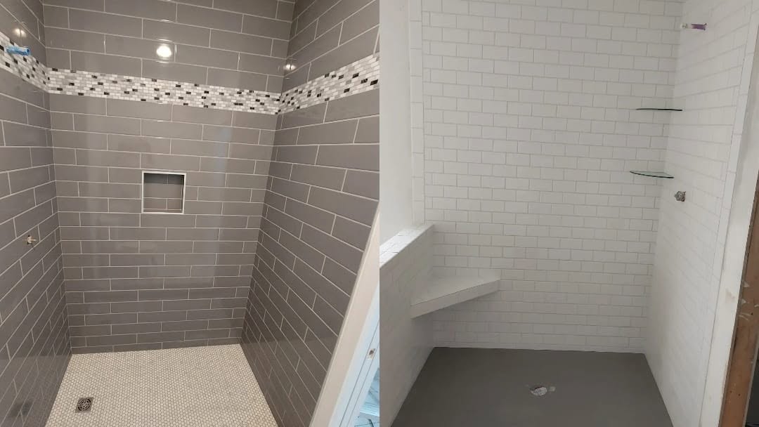 Two tiled showers side by side, one in grey tile and one in white